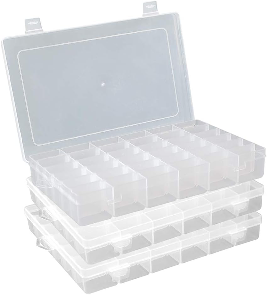 Plastic Organizer Container Box 36 Compartments Jewelry Storage Box with Adjustable Dividers (3 Pack)
