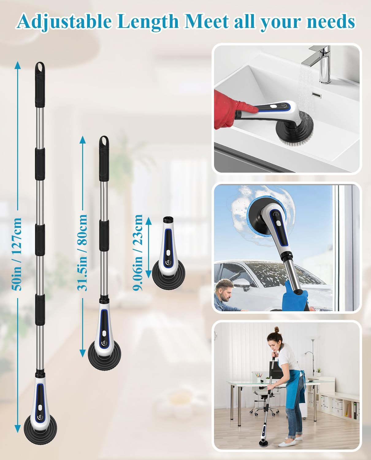 Electric Spin Scrubber, Rocfinity Cordless Cleaning Brush with 9 Brush Heads, 3 Adjustable Speeds and Extension Handle for Bathtub, Kitchen, Window,Full-Body IPX7 Waterproof Bathroom Cleaner Brush