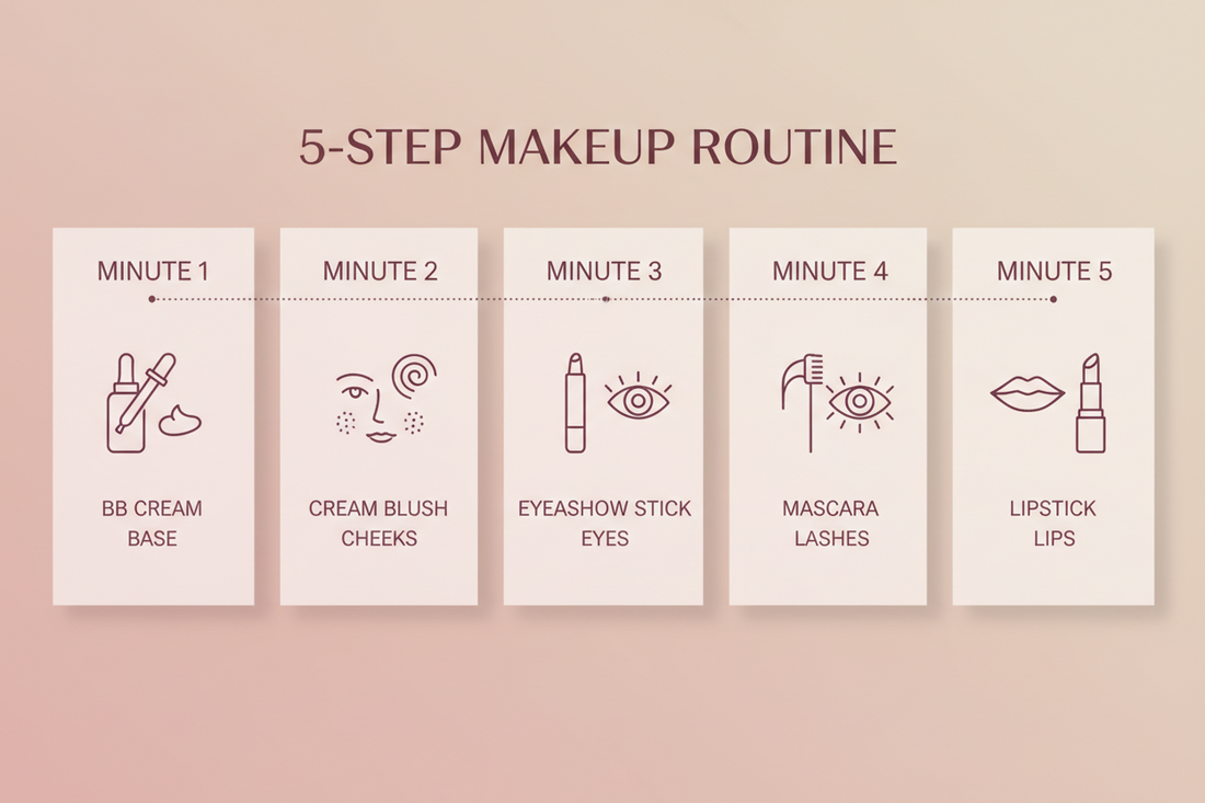 Five minute makeup routine timeline showing each step from base to lips