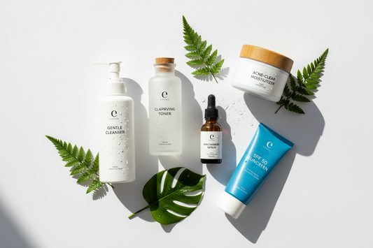 Professional acne-prone skincare routine products including cleanser, toner, serum, and moisturizer arranged on white background