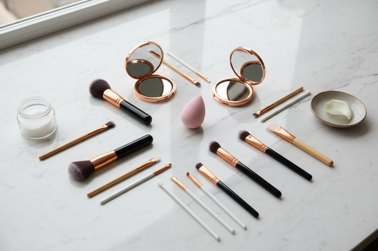 Professional flat lay of makeup brushes, beauty sponges, and applicators on marble surface