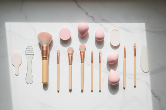  Professional beauty tools including makeup brushes, sponges, and applicators arranged on marble surface