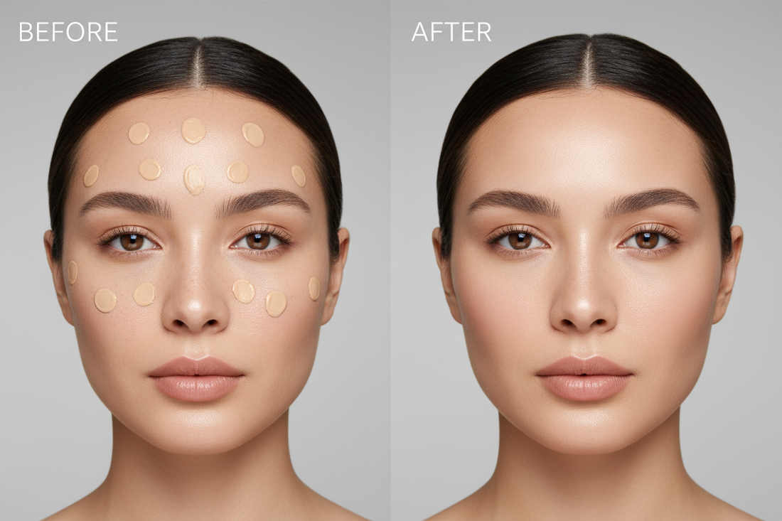 Before and after comparison of foundation application showing dots placement and perfectly blended flawless finish on natural skin