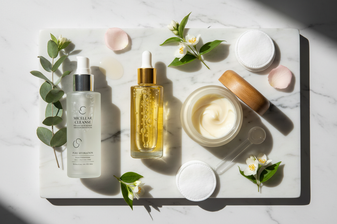 Comparison of three makeup remover types: oil cleanser, cleansing balm, and micellar water on marble surface