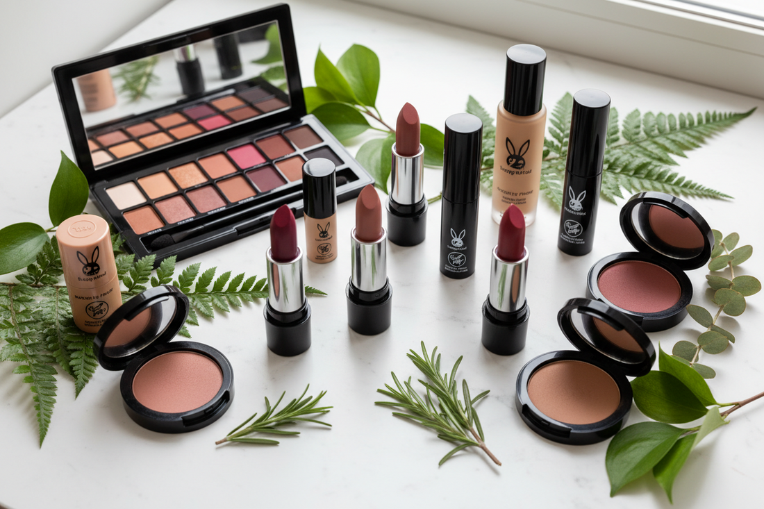 Complete vegan makeup collection featuring plant based eyeshadows, lipsticks, and foundations with PETA and Leaping Bunny cruelty free certification logos