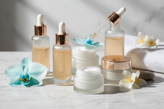 Premium skincare products for dry skin hydration on marble surface with water droplets