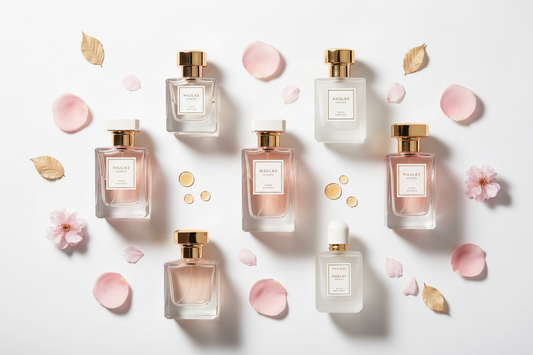 "Elegant luxury perfume bottles arranged in a flat lay with soft pink floral petals on a white background, representing La Glow's beauty fragrance guide"