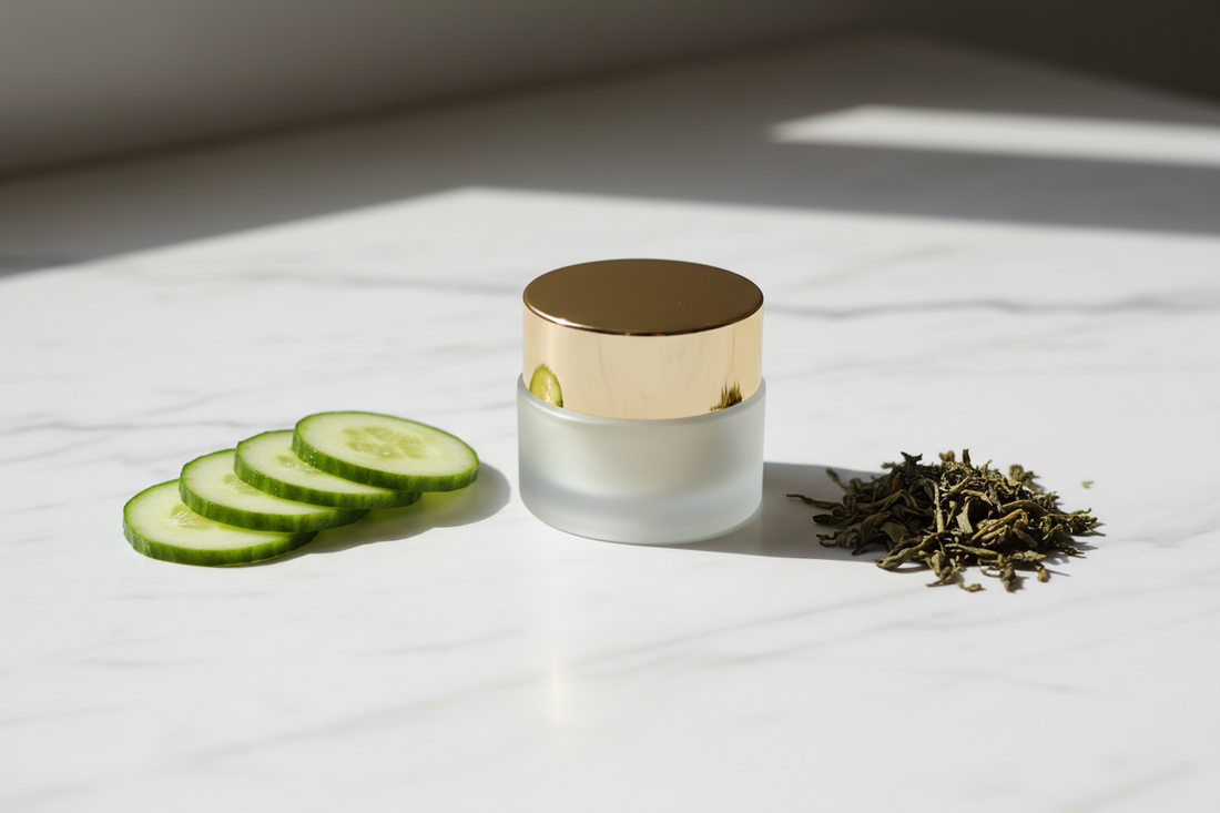 Luxury eye cream jar with cucumber and green tea on marble surface