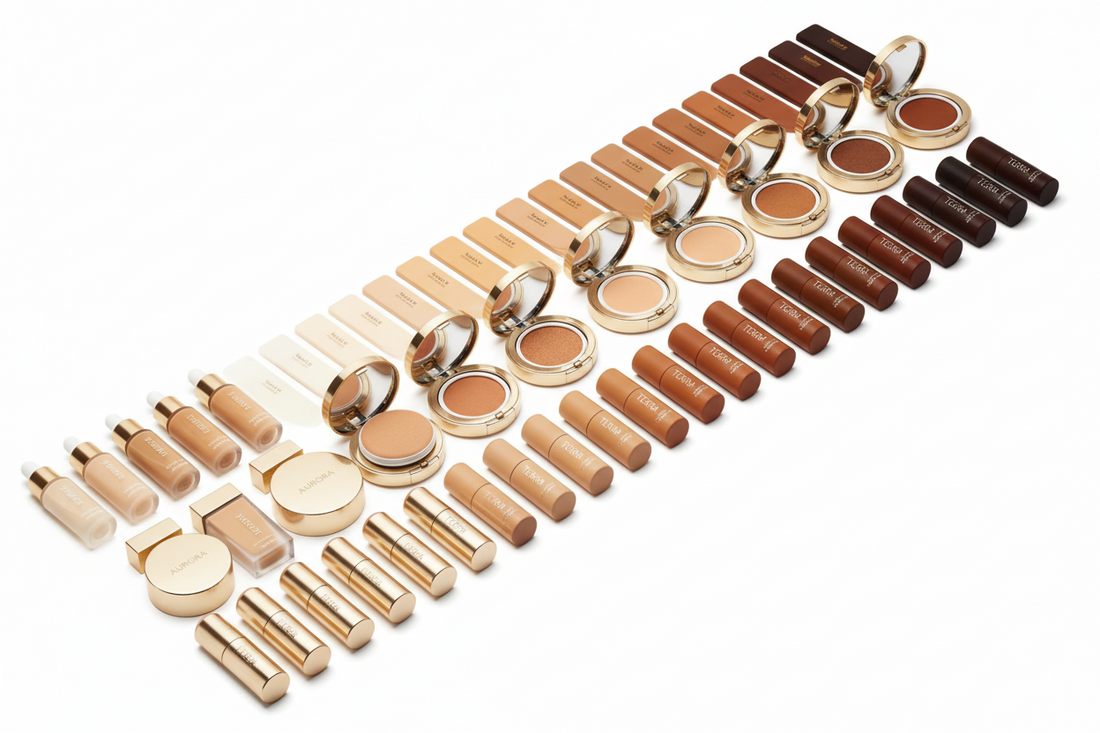 Foundation shade range from fair to deep including liquid cushion and stick formulas displayed in gradient arrangement