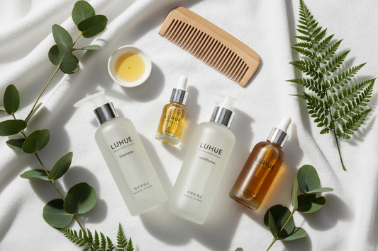 "Flat lay of hair care products including shampoo, conditioner, scalp serum, hair oil, and a wooden comb on a white background with green botanical leaves, representing La Glow's hair care guide"