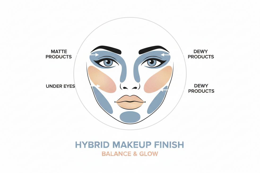 Educational face diagram showing hybrid makeup technique with matte zones on T-zone and dewy zones on cheekbones for balanced finish