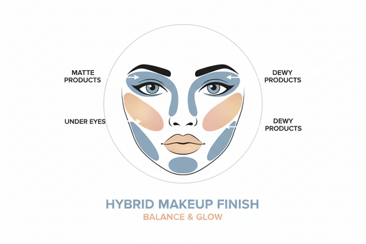 Educational face diagram showing hybrid makeup technique with matte zones on T-zone and dewy zones on cheekbones for balanced finish