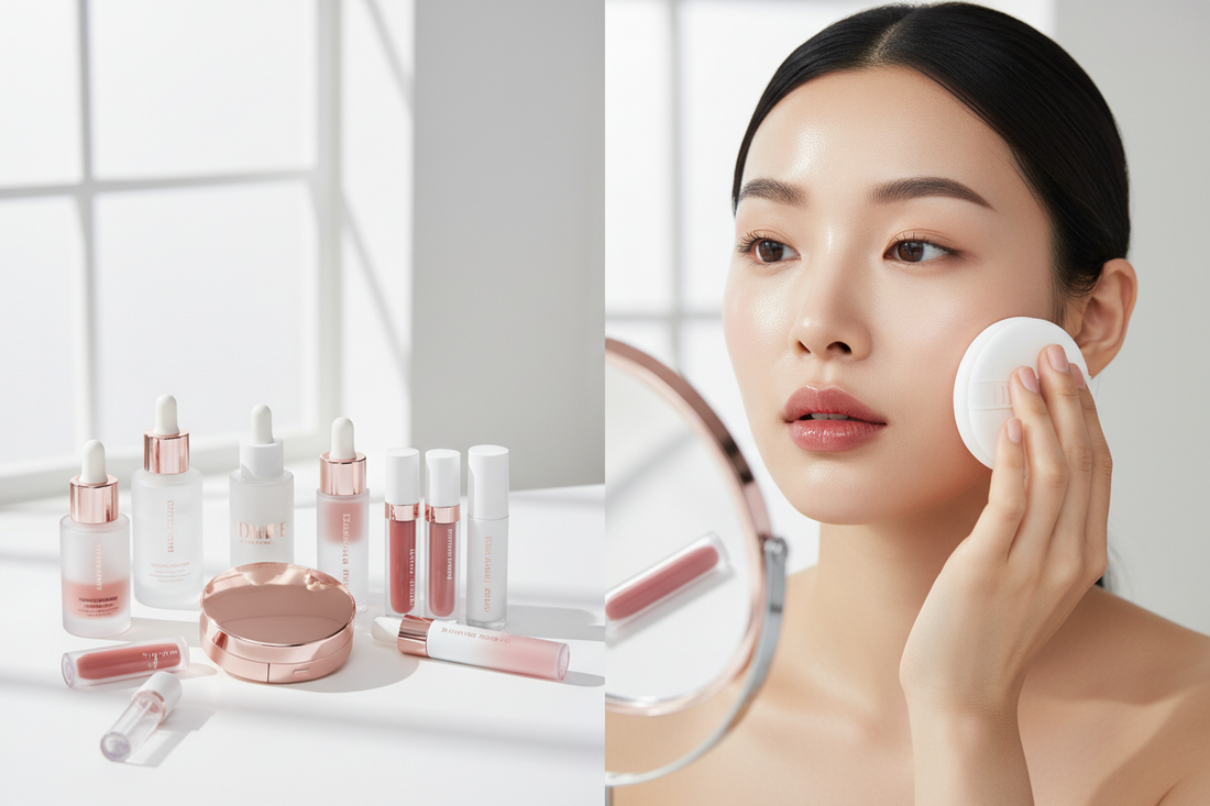 K-Beauty meets American style showing glass skin makeup application with Korean cushion foundation and dewy luminous finish