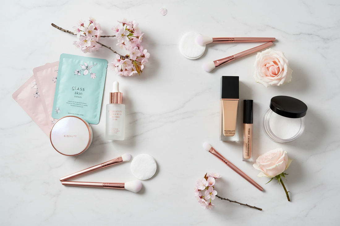 K-Beauty and Western Beauty products side by side comparison featuring BB cream, foundation, and makeup essentials on marble surface