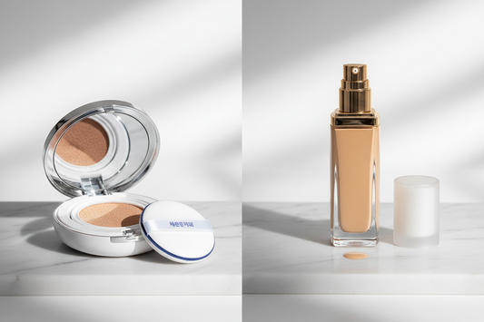 Side-by-side comparison of Korean cushion foundation compact and Western liquid foundation bottle on marble surface