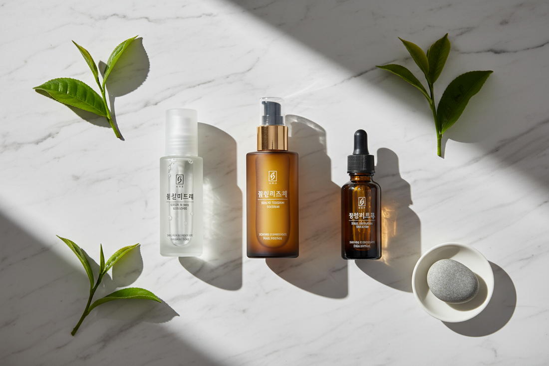 Korean skincare essence, serum, and ampoule bottles arranged on white marble surface