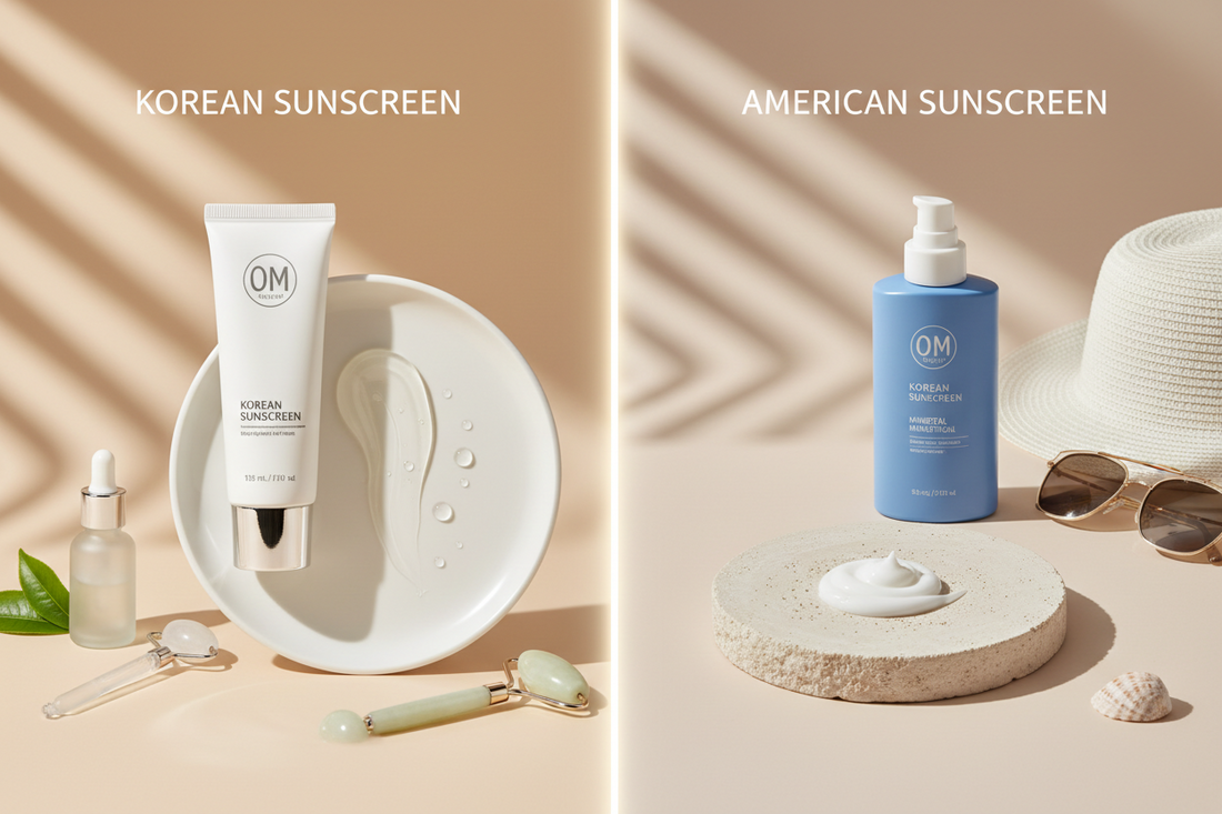 Professional comparison of Korean and American sunscreen formulations showing texture and packaging differences
