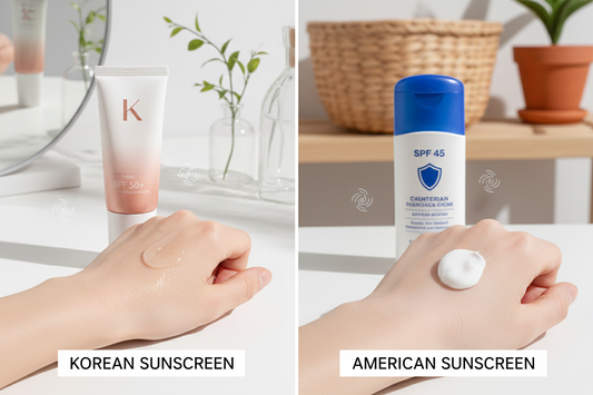 Split-screen comparison of Korean and American sunscreens showing texture and formulation differences