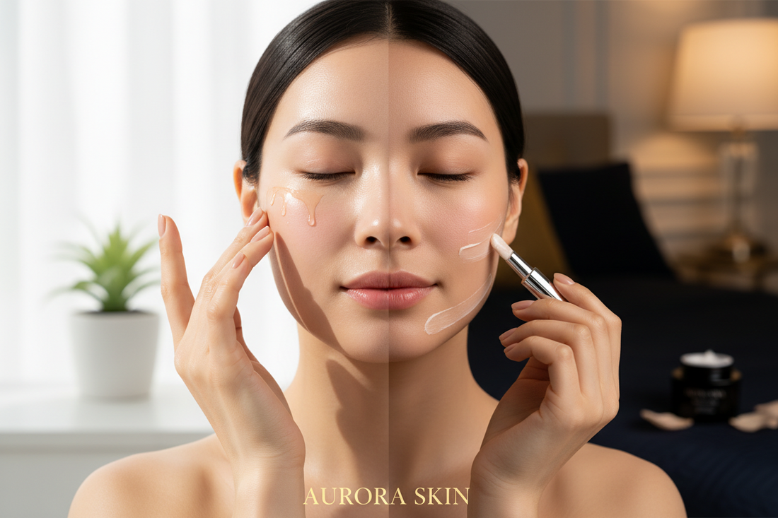 Split screen image of woman applying morning skincare with vitamin C serum in natural daylight and evening skincare with retinol cream in soft lighting, showing AM PM skincare routine differences
