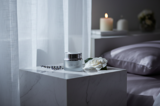 Luxurious overnight sleeping mask on bedside table in soft moonlight ambiance