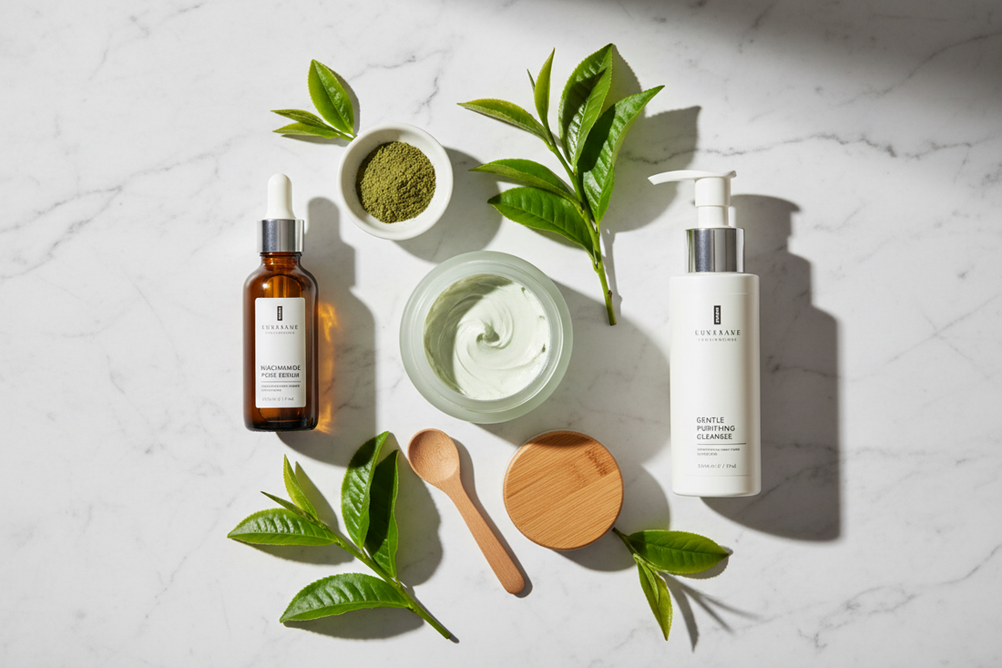 Natural pore care skincare products including clay mask, niacinamide serum, and cleanser on marble surface