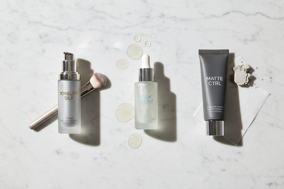 Three makeup primers — pore-filling, hydrating, and mattifying — displayed side by side on a white marble surface with a makeup brush.