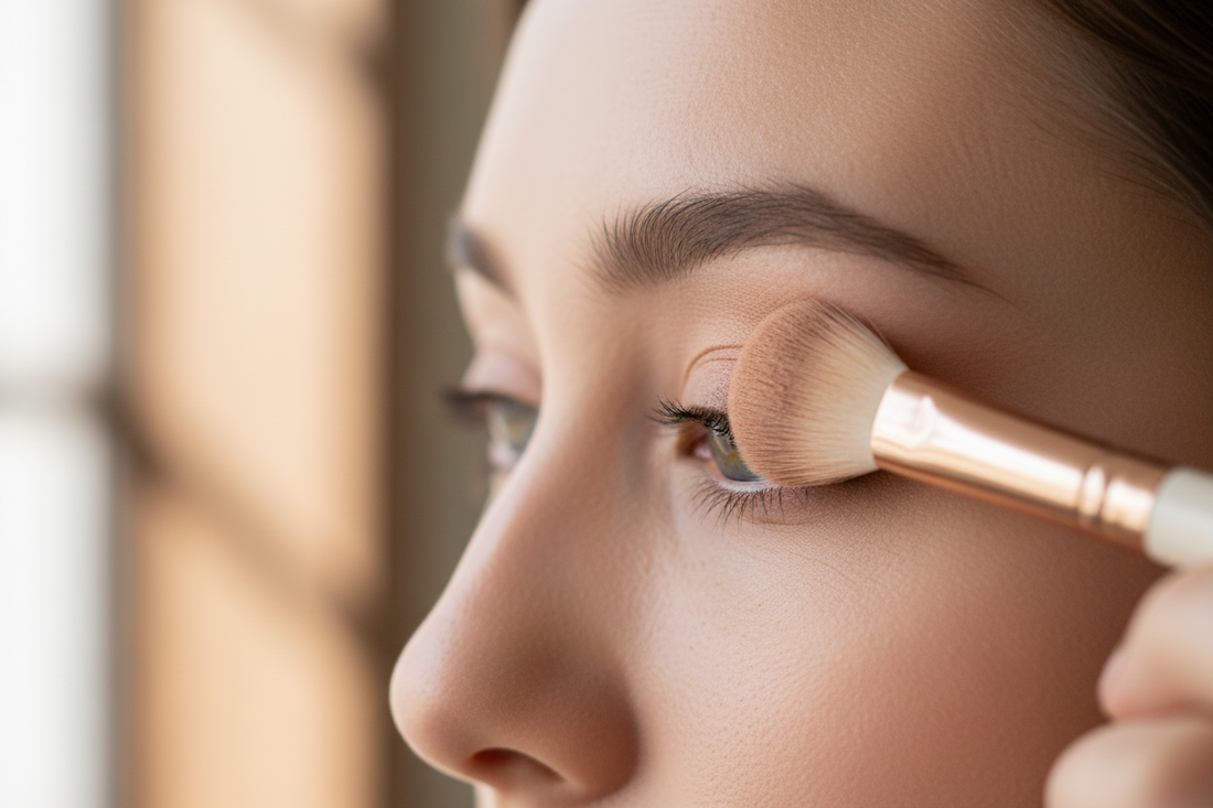 Fluffy blending brush applying rice brown eyeshadow to eye crease demonstrating proper blending technique