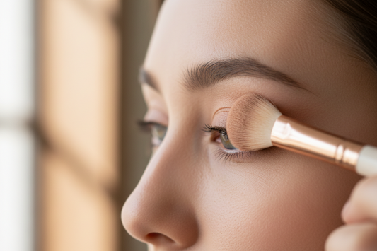 Fluffy blending brush applying rice brown eyeshadow to eye crease demonstrating proper blending technique