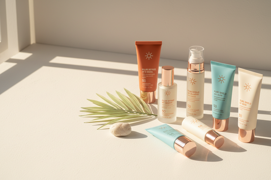 Premium sunscreen products displayed in natural sunlight - mineral and chemical SPF formulas for daily sun protection