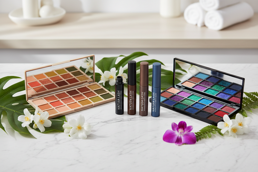 Professional vegan eye makeup collection featuring mineral eyeshadow palettes and plant-based mascara with natural botanical ingredients on marble surface