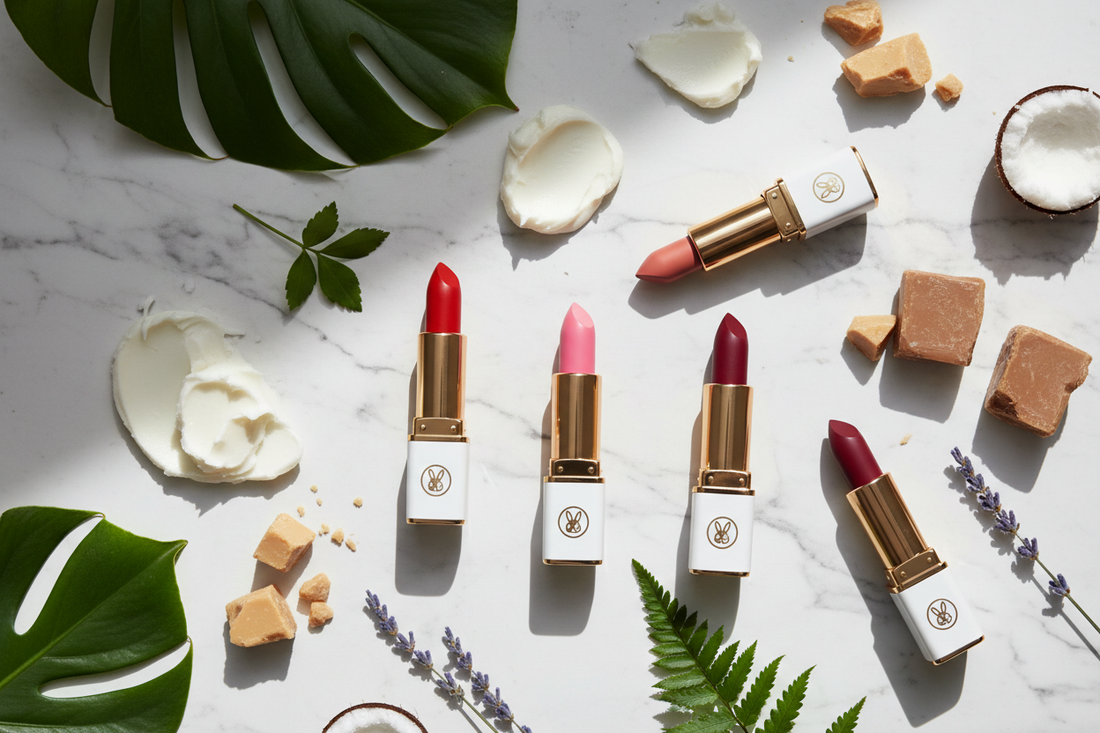 Collection of vibrant vegan lipsticks with natural plant-based ingredients on marble surface