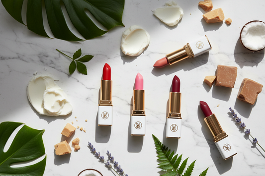 Collection of vibrant vegan lipsticks with natural plant-based ingredients on marble surface