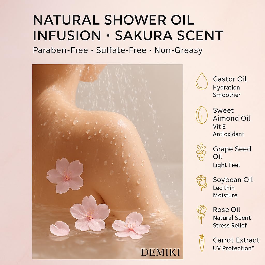 Moisturizing Bath Oil for Dry & Sensitive Skin. Nourishing & Hydrating Winter Care Shower Oil, Soothes & Softens, Locks in Moisture,Sakura Scent, 10 Fl.oz (300ml)