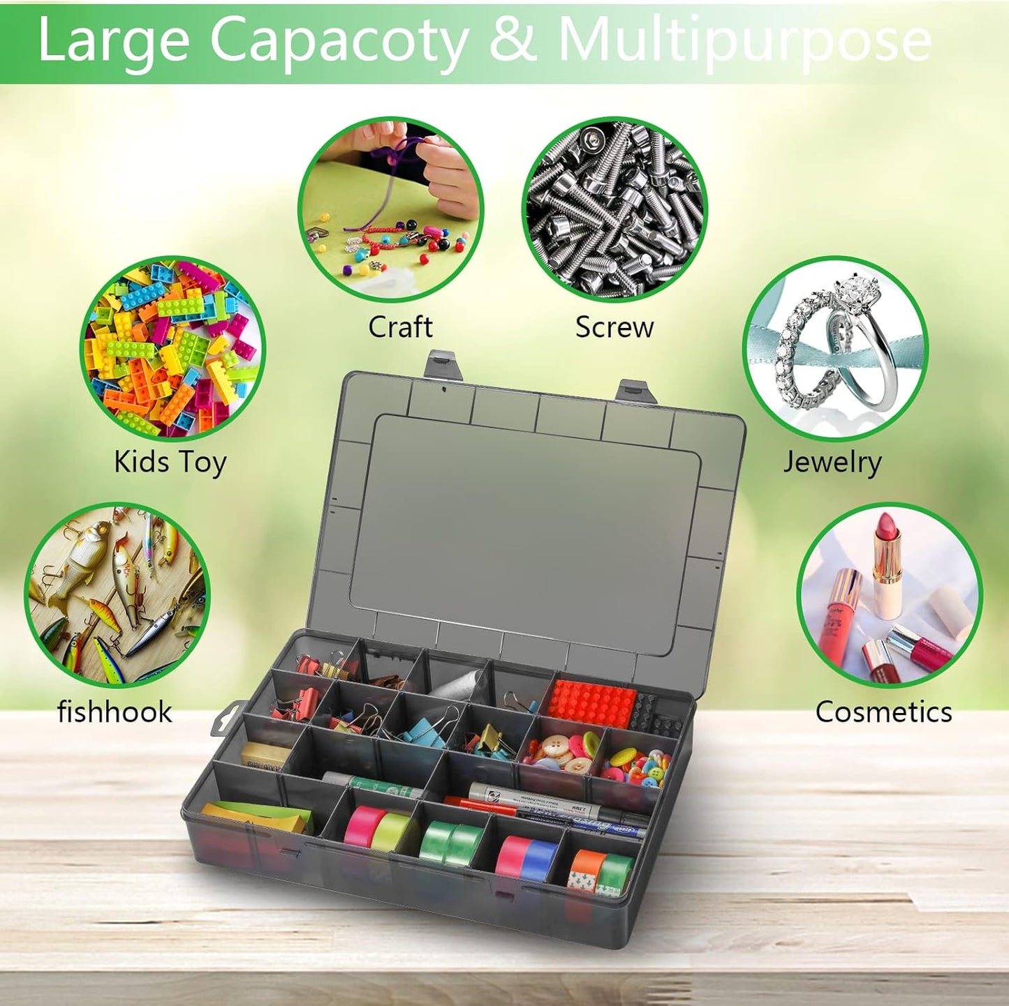 Large 24 Grids Plastic Organizer Box Adjustable Dividers,Clear Storage Box for Jewelry, Art DIY Crafts, Washi Tapes, Beads and Small Parts(Black,2Pack)