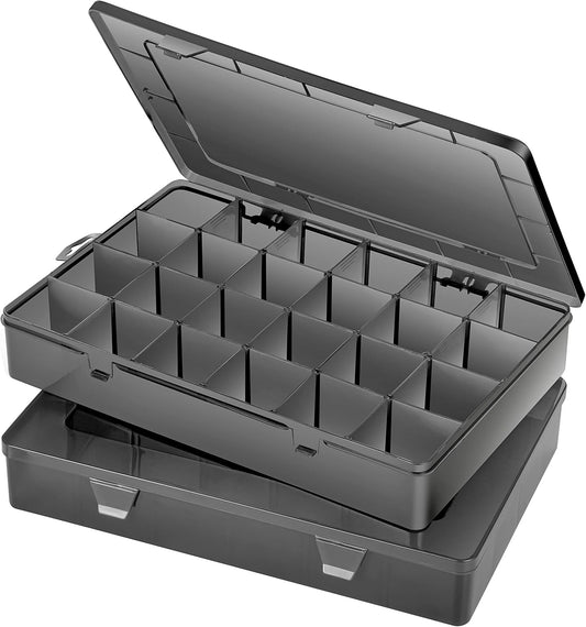 Large 24 Grids Plastic Organizer Box Adjustable Dividers,Clear Storage Box for Jewelry, Art DIY Crafts, Washi Tapes, Beads and Small Parts(Black,2Pack)