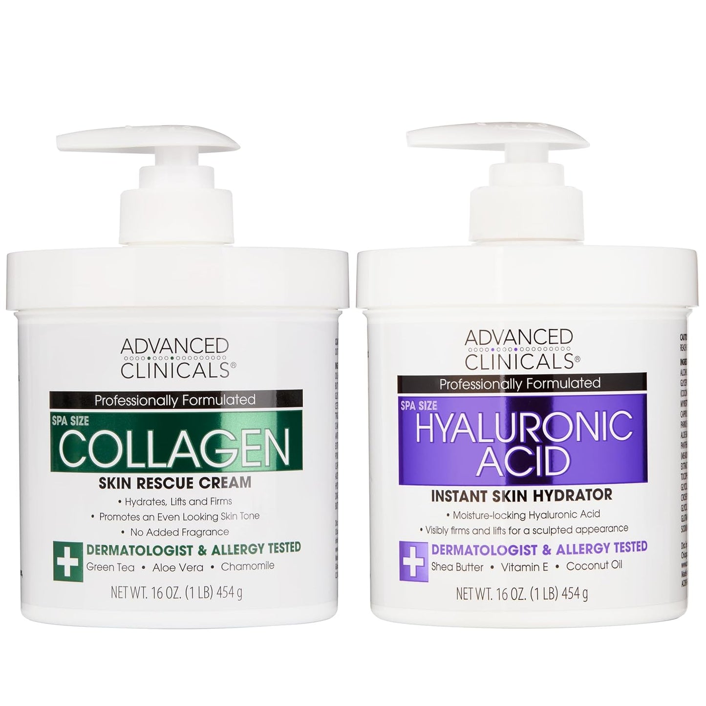 Advanced Clinicals Hyaluronic Acid Moisturizer + Fragrance Free Collagen Cream Face Moisturizer & Body Lotion 2pc Skincare Set For Women & Men Helps Reduce Appearance Of Crepey Skin & Dry Skin, 2pc