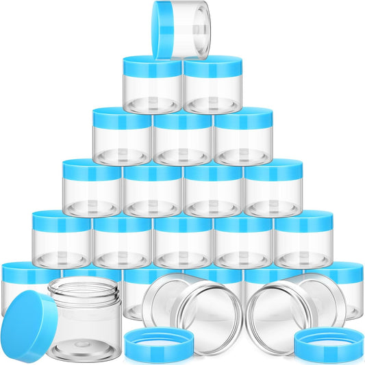 SATINIOR 24 Pieces Empty Clear Plastic Jars with Lids Round Storage Containers Wide Mouth for Beauty Product Cosmetic Cream Lotion Liquid Butter Craft and Food(Blue Lid,4 oz)