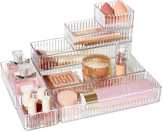 Vtopmart 7 PCS Clear Drawer Organizers Bins, 4-Size Stackable Makeup and Vanity Drawer Organizer Trays, Acrylic Bathroom Drawer Storage Containers for Cosmetic, Office Supply, Kitchen Utensils Gadgets